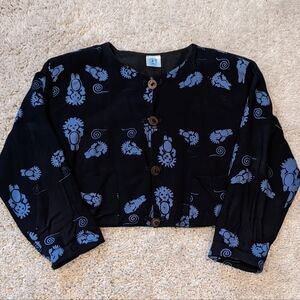 Vintage 90s GLOBAL VILLAGE Hand Batiked Cropped Jacket Shoulder Pads Toggle